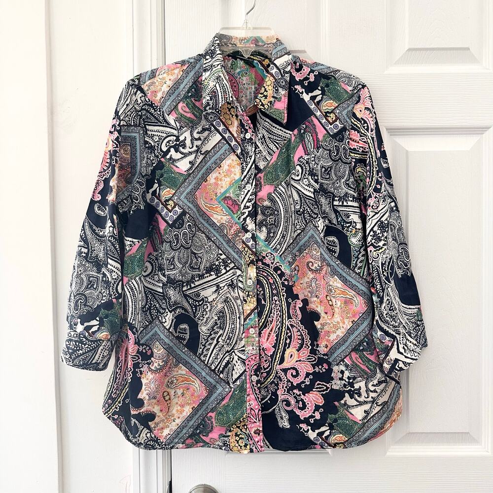 Lauren Ralph Lauren Multicolor Paisley Button Down Shirt 3/4 Sleeves 1X Cotton